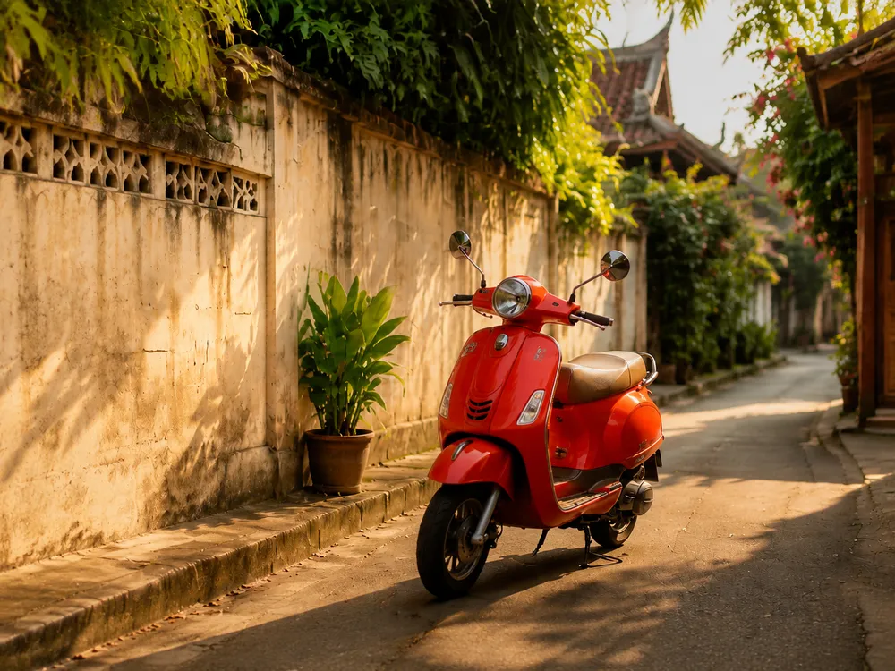 Red scooter parked in a golden Chiang Mai alley