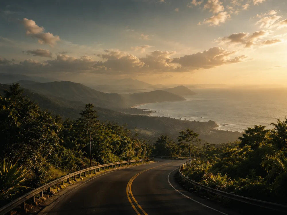 Coastal mountain road at sunset